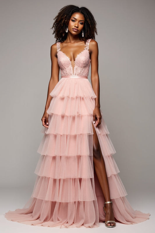 A Line Tulle Blush Pink Tiered V-Neck Prom Dress with Slit