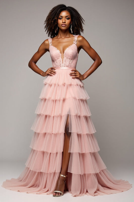 A Line Tulle Blush Pink Tiered V-Neck Prom Dress with Slit