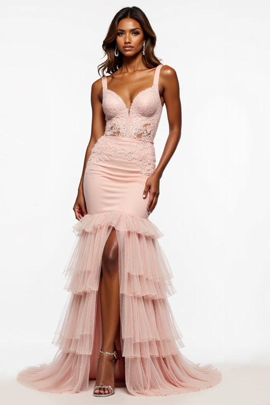 Mermaid Long Blush Pink Tulle Prom Dress with Slit