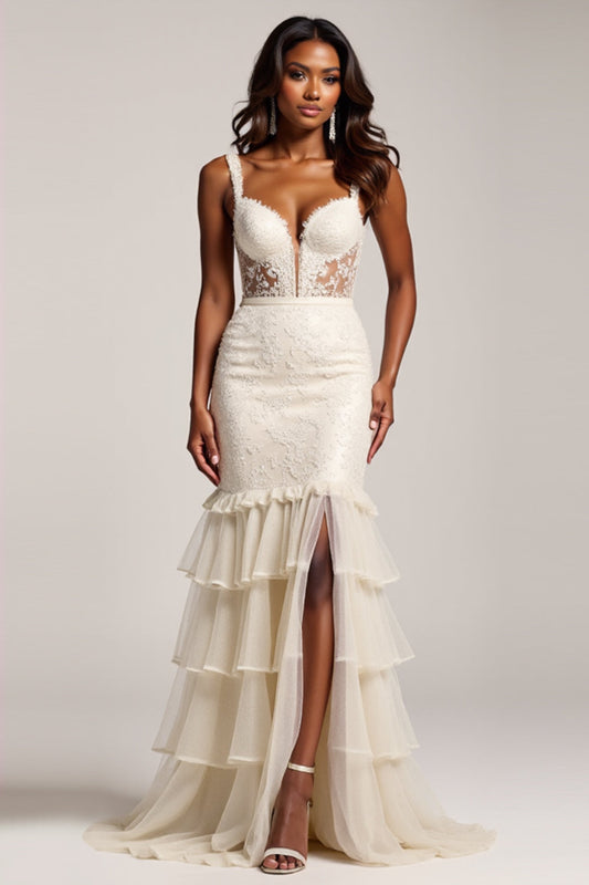 Mermaid V-Neck Light Champagne Long Prom Dress with Slit