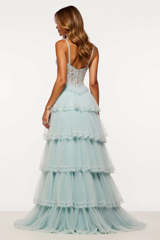 Tiered Tulle Light Blue Long Corset Prom Dress with Slit