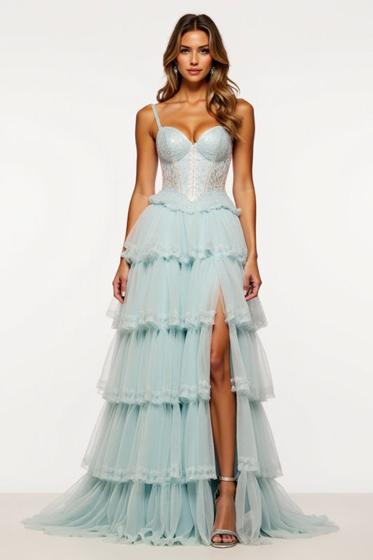 Tiered Tulle Light Blue Long Corset Prom Dress with Slit