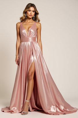 Dusty Rose Sparkly Deep V-Neck Long Satin Prom Dress with Slit