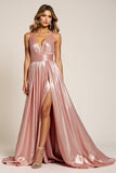 Dusty Rose Sparkly Deep V-Neck Long Satin Prom Dress with Slit Dusty Rose Sparkly Deep V-Neck Long Satin Prom Dress with Slit