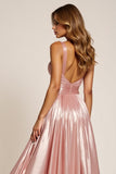 Dusty Rose Sparkly Deep V-Neck Long Satin Prom Dress with Slit Dusty Rose Sparkly Deep V-Neck Long Satin Prom Dress with Slit