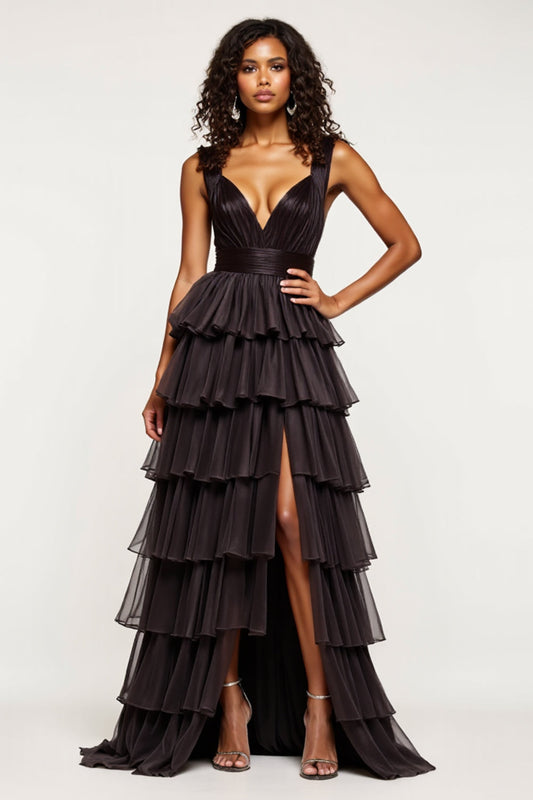 Tiered Long Black A Line Tulle Prom Dress with Slit