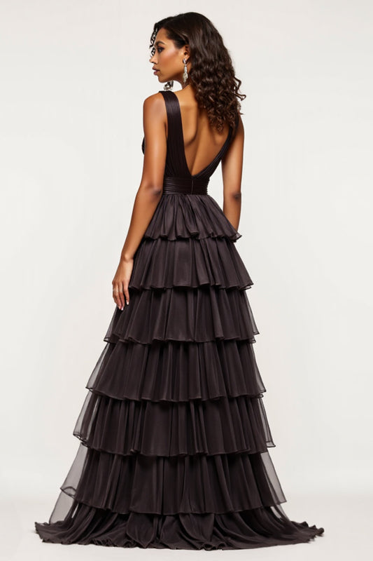 Tiered Long Black A Line Tulle Prom Dress with Slit