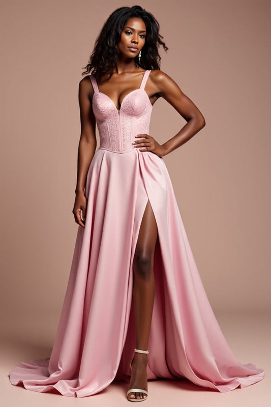 A Line Corset Pink Long Satin Prom Dress with Slit