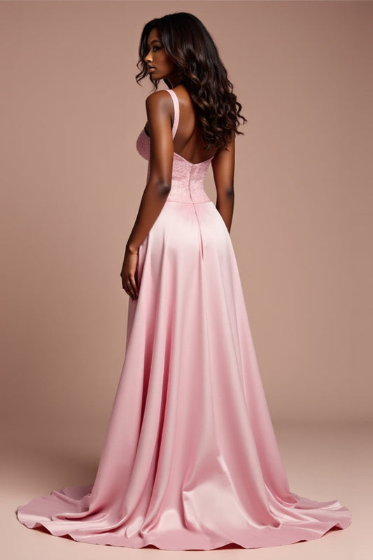 A Line Corset Pink Long Satin Prom Dress with Slit