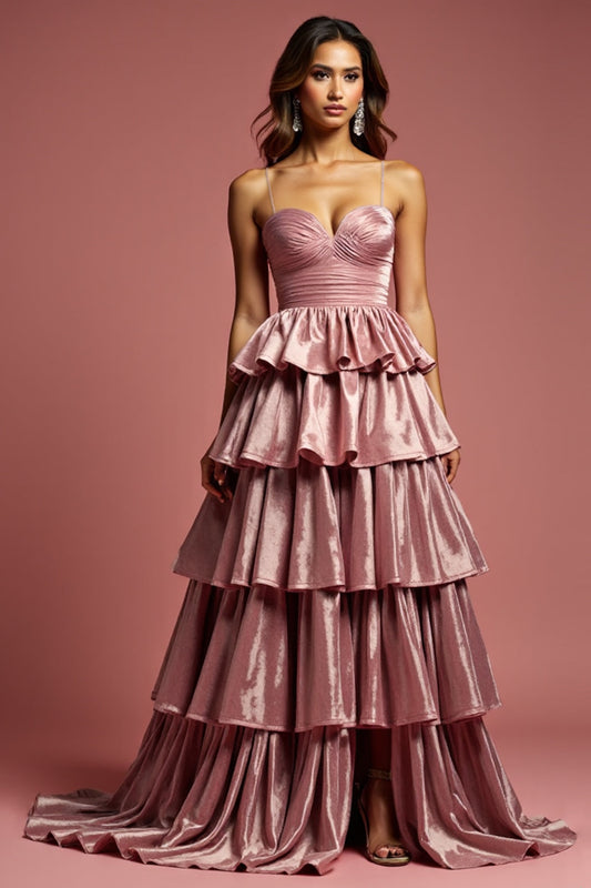 Spaghetti Straps Dusty Rose A -Line Long Tiered Prom Dress
