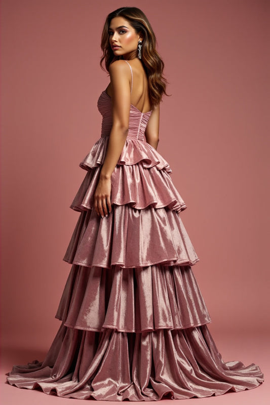 Spaghetti Straps Dusty Rose A -Line Long Tiered Prom Dress