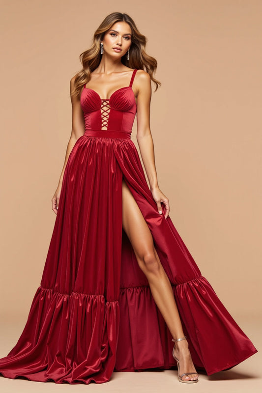 Sweetheart Dark Red A Line Satin Long Prom Dress with Slit