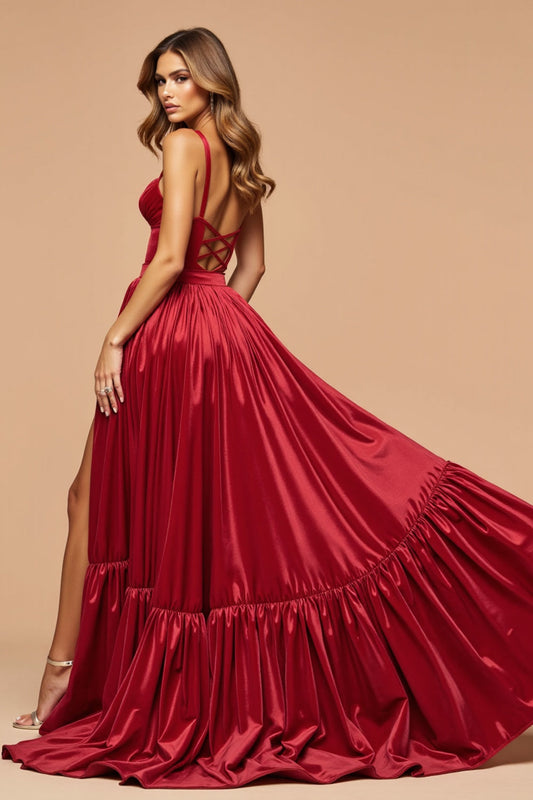 Sweetheart Dark Red A Line Satin Long Prom Dress with Slit