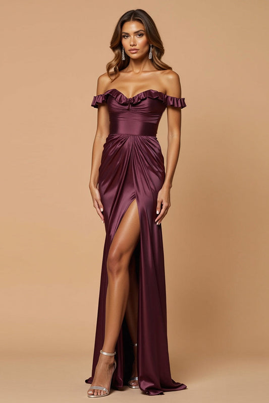 Off the Shoulder Purple Sheath Ruched Long Prom Dress with Slit
