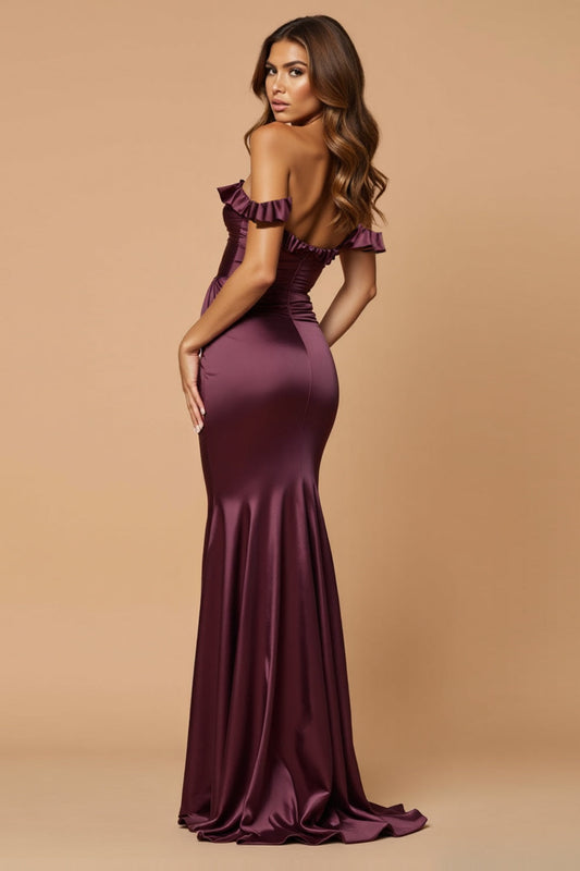 Off the Shoulder Purple Sheath Ruched Long Prom Dress with Slit