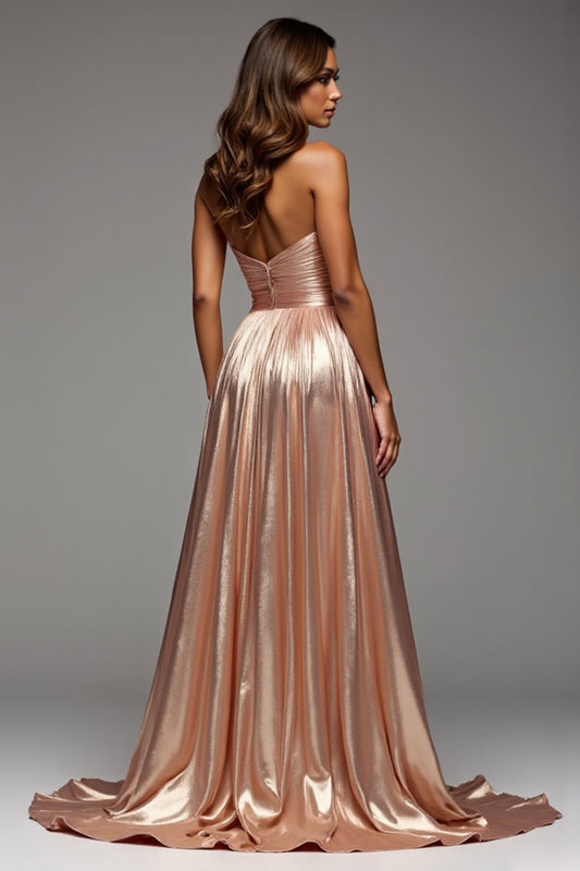 Rose Gold Sweetheart Satin Ruched Long Prom Dress with Slit