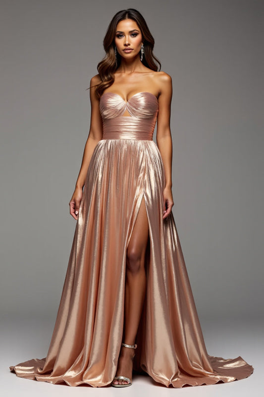 Rose Gold Sweetheart Satin Ruched Long Prom Dress with Slit