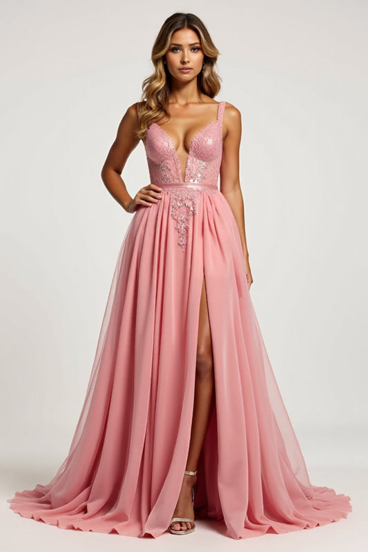 V-Neck Pink A Line Tulle Long Prom Dress with slit