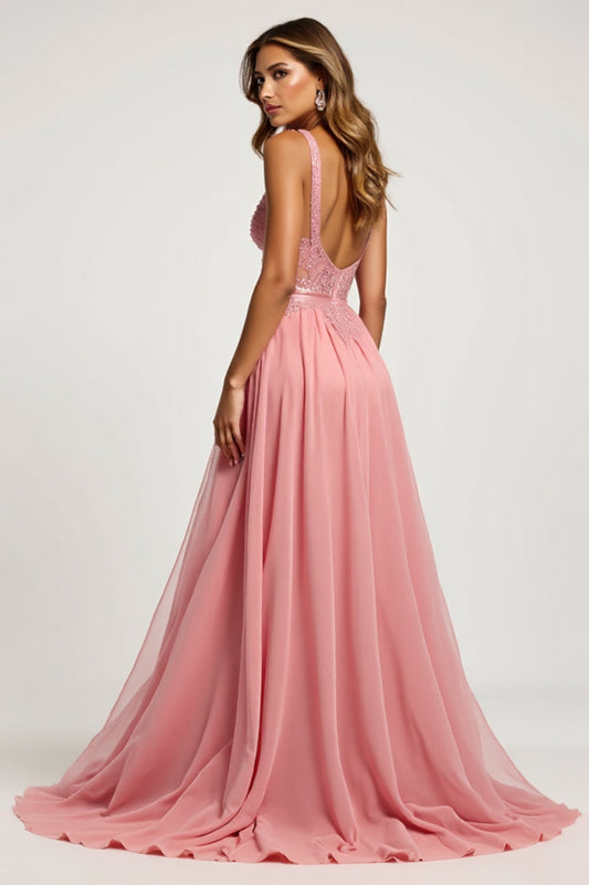 V-Neck Pink A Line Tulle Long Prom Dress with slit