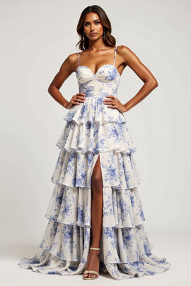 ZAPAKA Blue Flower Tiered Long Chiffon Prom Dress with Slit Floral Sweetheart Backless Strapless Formal Wedding Guest Dress