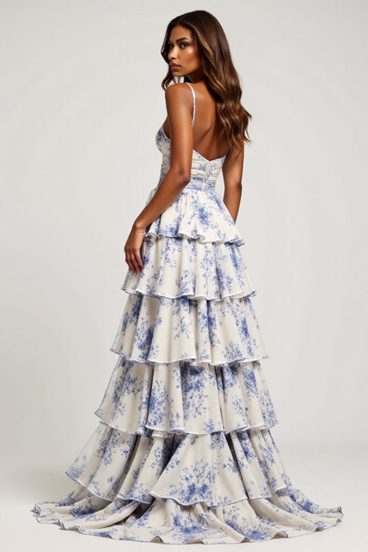 Blue Floral Spaghetti Straps Chiffon Tiered Long Prom Dress with Slit