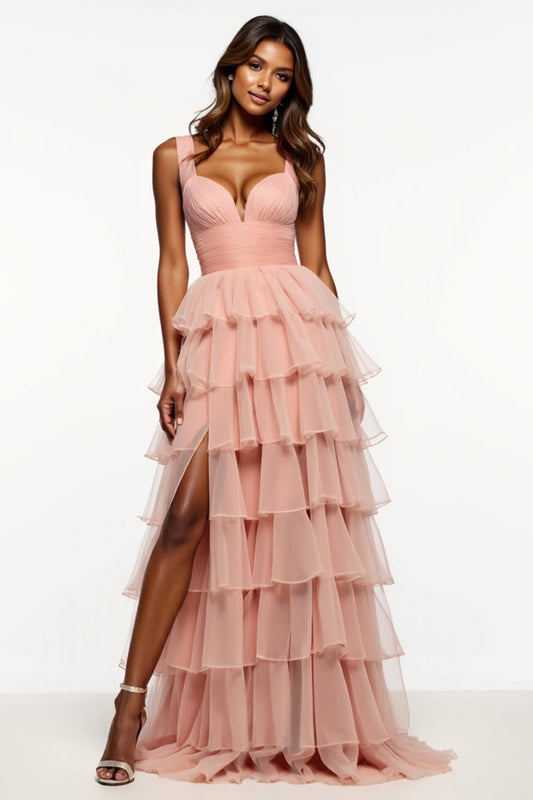 Tiered Long Pink A Line Tulle Prom Dress with Slit