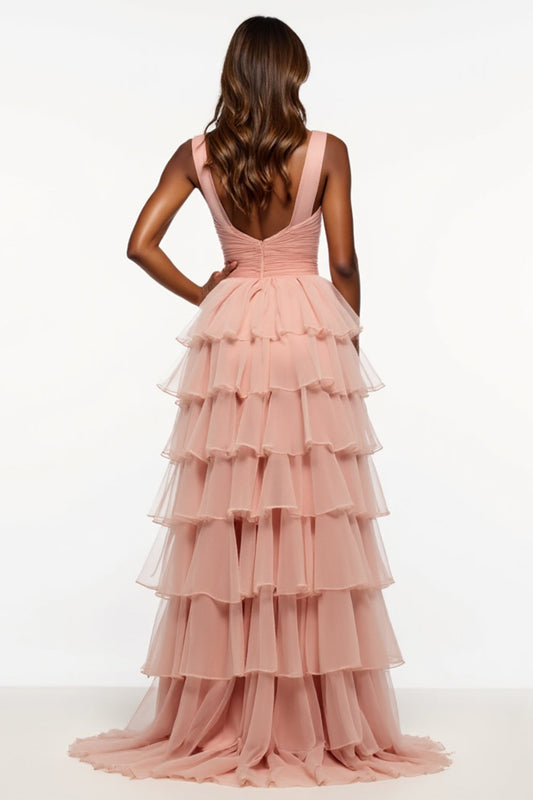 Tiered Long Pink A Line Tulle Prom Dress with Slit