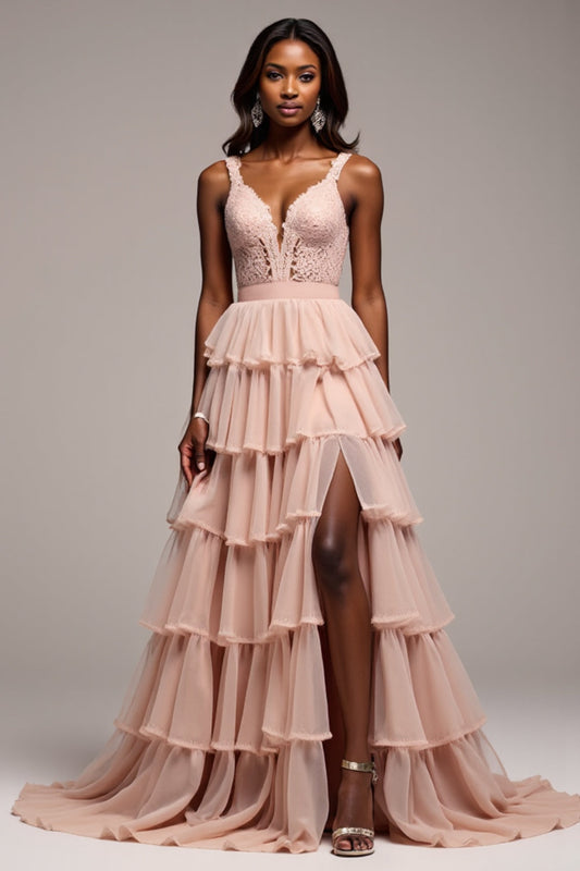 V-Neck Long Dusty Rose Tiered Tulle Prom Dress with Slit