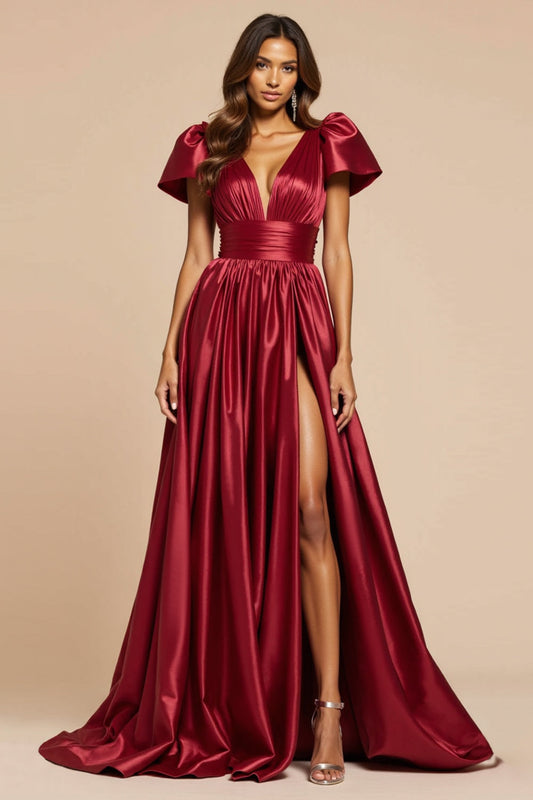 Pleated V-Neck Dark Red Satin Long Prom Dress with Slit