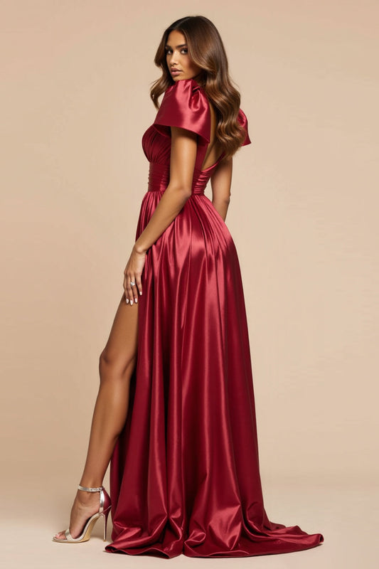 Pleated V-Neck Dark Red Satin Long Prom Dress with Slit