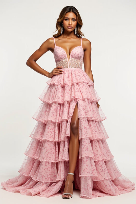 Tulle Tiered Blush Flower V-Neck Long Prom Dress with Slit
