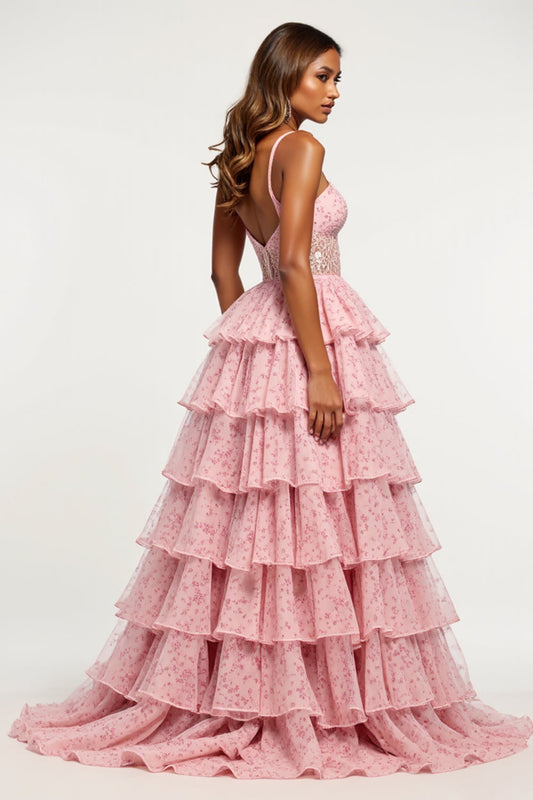 Tulle Tiered Blush Flower V-Neck Long Prom Dress with Slit