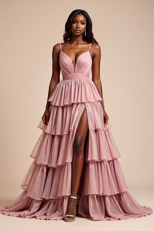 Tiered V-Neck Dusty Rose A Line Long Prom Dress with Slit