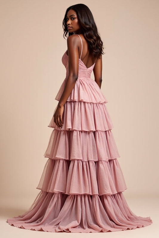 Tiered V-Neck Dusty Rose A Line Long Prom Dress with Slit