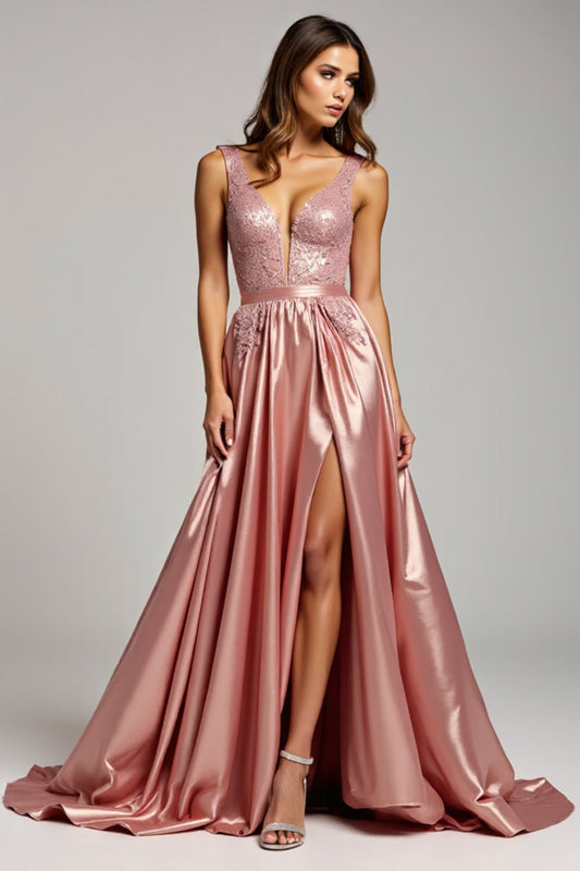 Dusty Rose V-Neck Sparkly Long Prom Dress with Slit