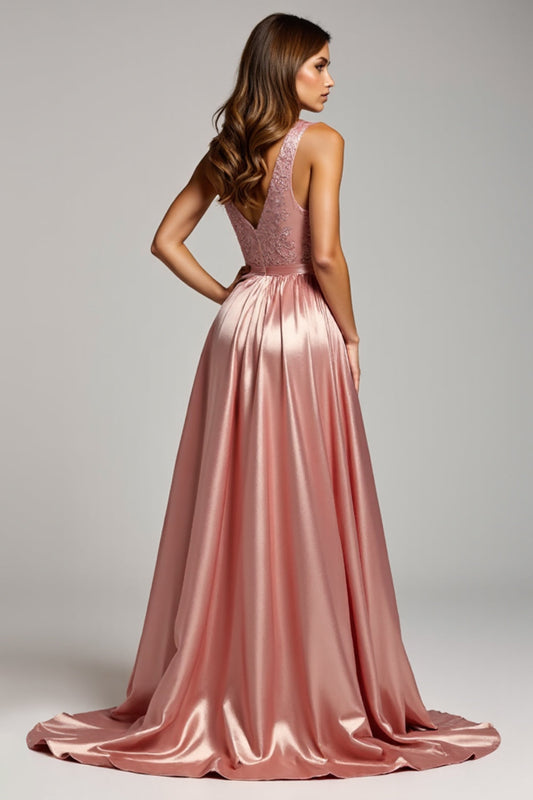 Dusty Rose V-Neck Sparkly Long Prom Dress with Slit