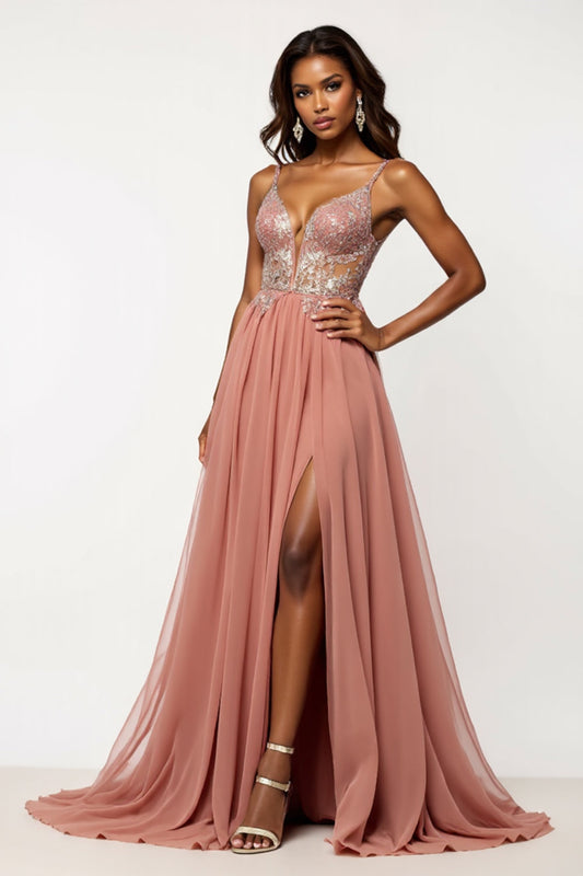 Tulle V-Neck Long Dusty Rose A Line Prom Dress with Sequins