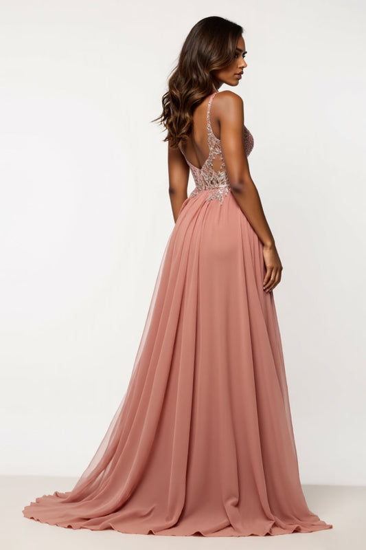 Tulle V-Neck Long Dusty Rose A Line Prom Dress with Sequins