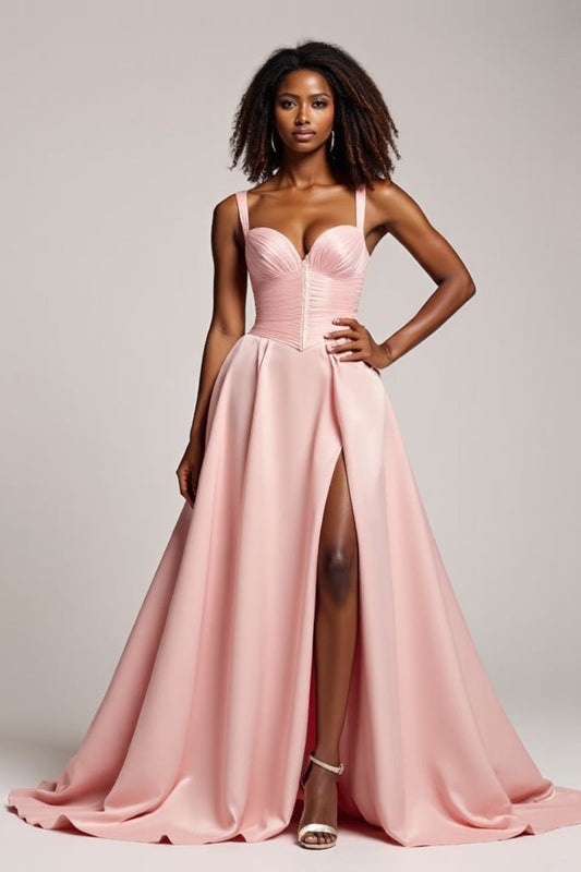Corset Blush Pink Satin A Line Long Prom Dress with Slit