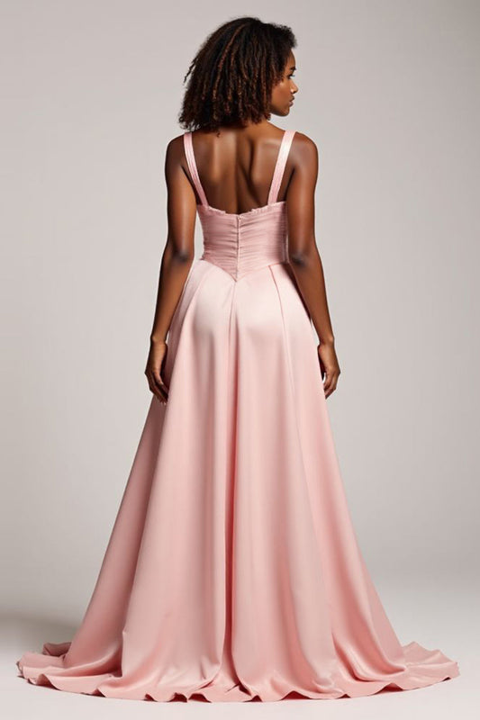Corset Blush Pink Satin A Line Long Prom Dress with Slit
