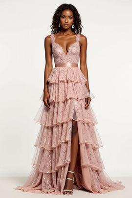 Sparkly Dusty Rose Tiered A Line Long Tulle Prom Dress with Slit
