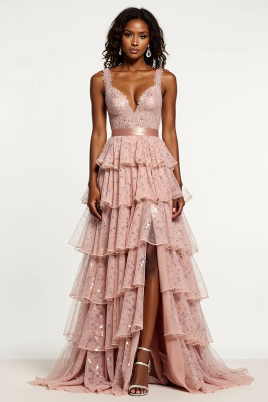 Sparkly Dusty Rose Tiered A Line Long Tulle Prom Dress with Slit