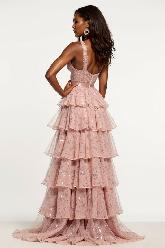 Sparkly Dusty Rose Tiered A Line Long Tulle Prom Dress with Slit