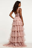 Sparkly Dusty Rose Tiered A Line Long Tulle Prom Dress with Slit Sparkly Dusty Rose Tiered A Line Long Tulle Prom Dress with Slit