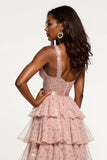 Sparkly Dusty Rose Tiered A Line Long Tulle Prom Dress with Slit Sparkly Dusty Rose Tiered A Line Long Tulle Prom Dress with Slit