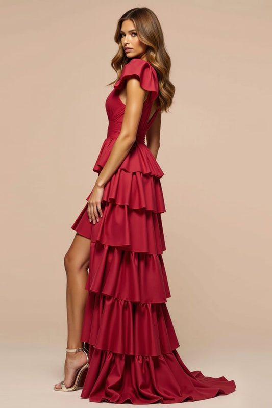 Elegant Dark Red A Line Satin Long Prom Dress with Ruffles