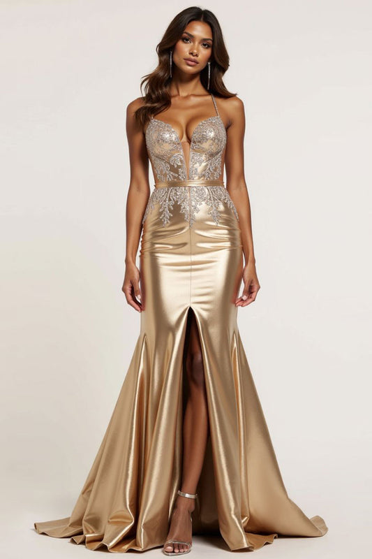 Appliqued Metallic Golden Mermaid Long Prom Dress with Slit