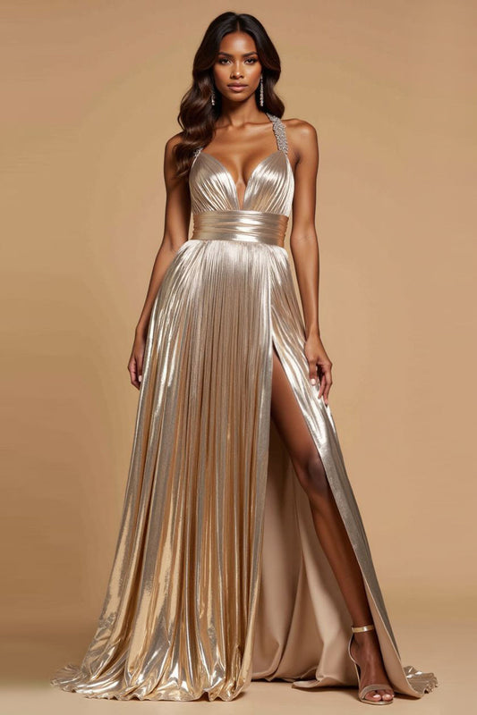 A Line Metallic Golden Pleated Long Prom Dress with Beading
