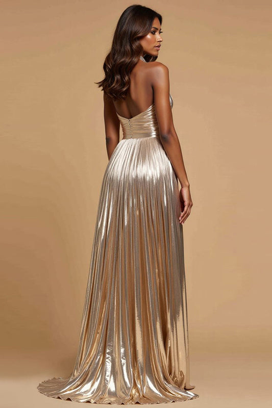 A Line Metallic Golden Pleated Long Prom Dress with Beading