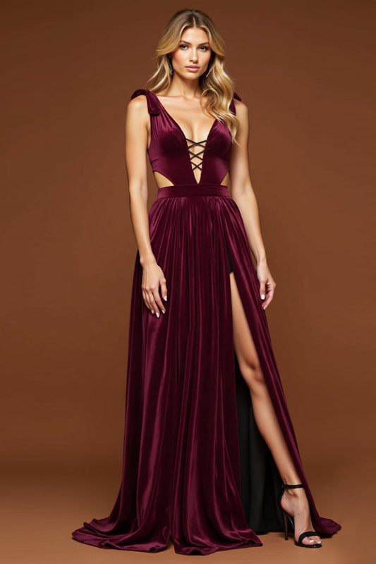 Purple A Line Velvet Pleated Deep V-Neck Long Prom Dress with Slit